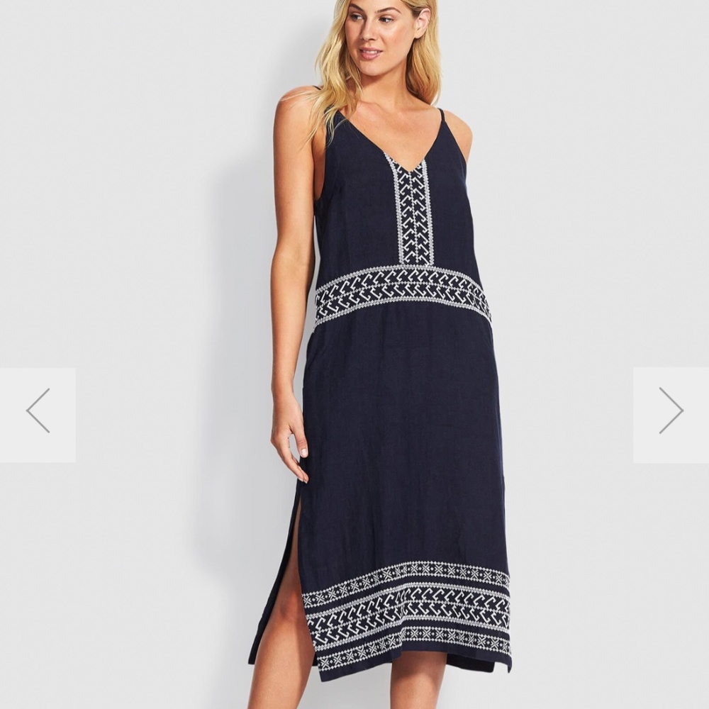 Seafolly Navy and White 100% Linen Midi Dress